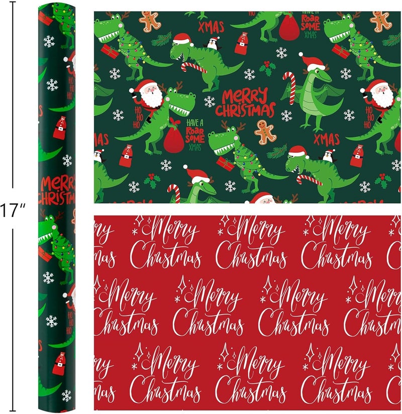 Yarcony Dinosaur Christmas Wrapping Paper, Green Wrapping Paper Roll, Reversible Happy Dinosaur and Santa Claus Dino Christmas Gift Wrap for Kids Boys Men Holiday Present Packaging (17 Inch X 33 Feet) - Image 3